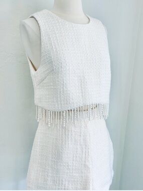 Jason Wu Cream Tweed Pearl Fringe Crop Top Shorts 2-pc Set, Size 6 Bridal